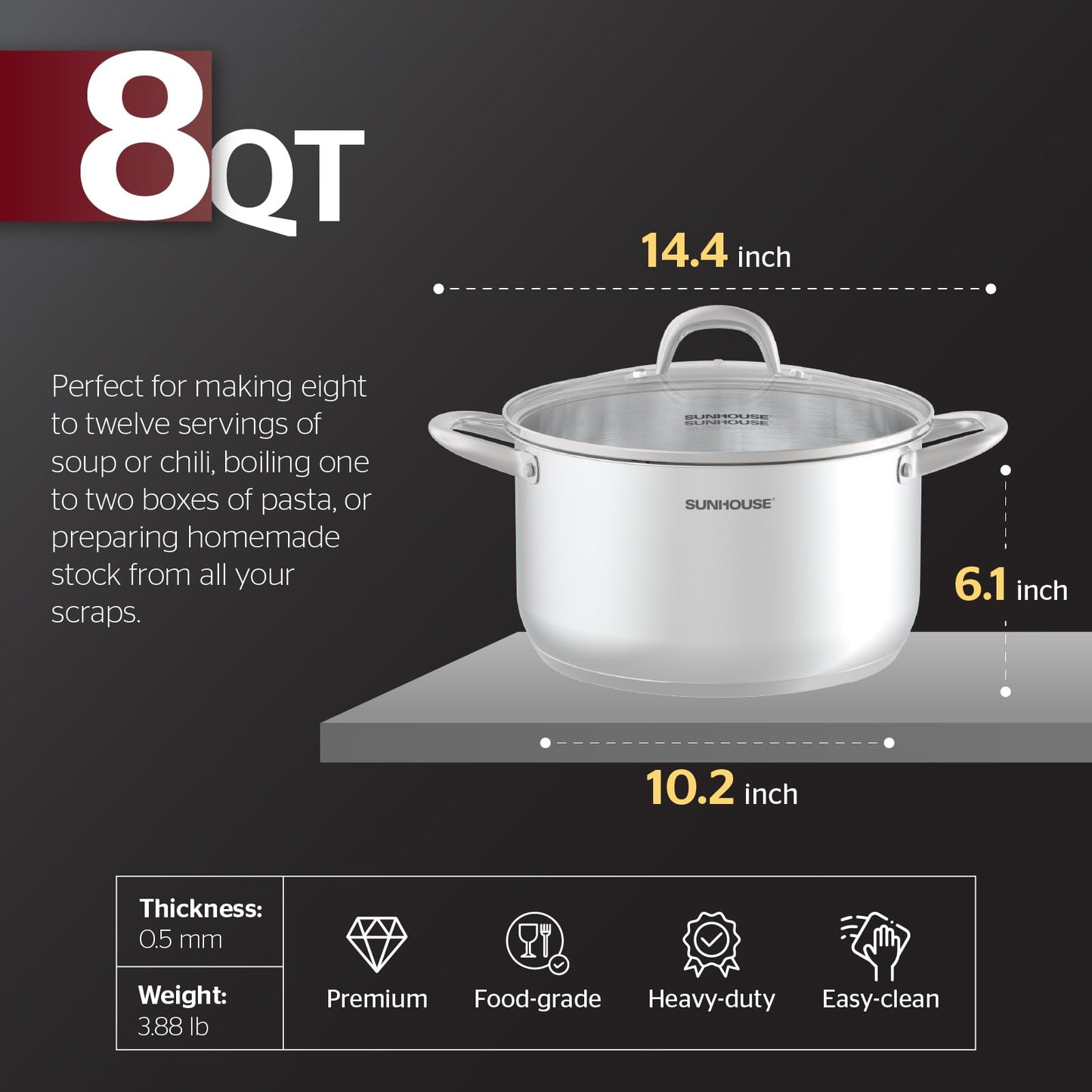 Sunhouse 8 Quart Stock Pot with Lid - 3-Ply Base Stainless Steel Cooking Pot - 8 QT Canning Dutch Oven Stock Pots - Oven Safe & Induction Cookware