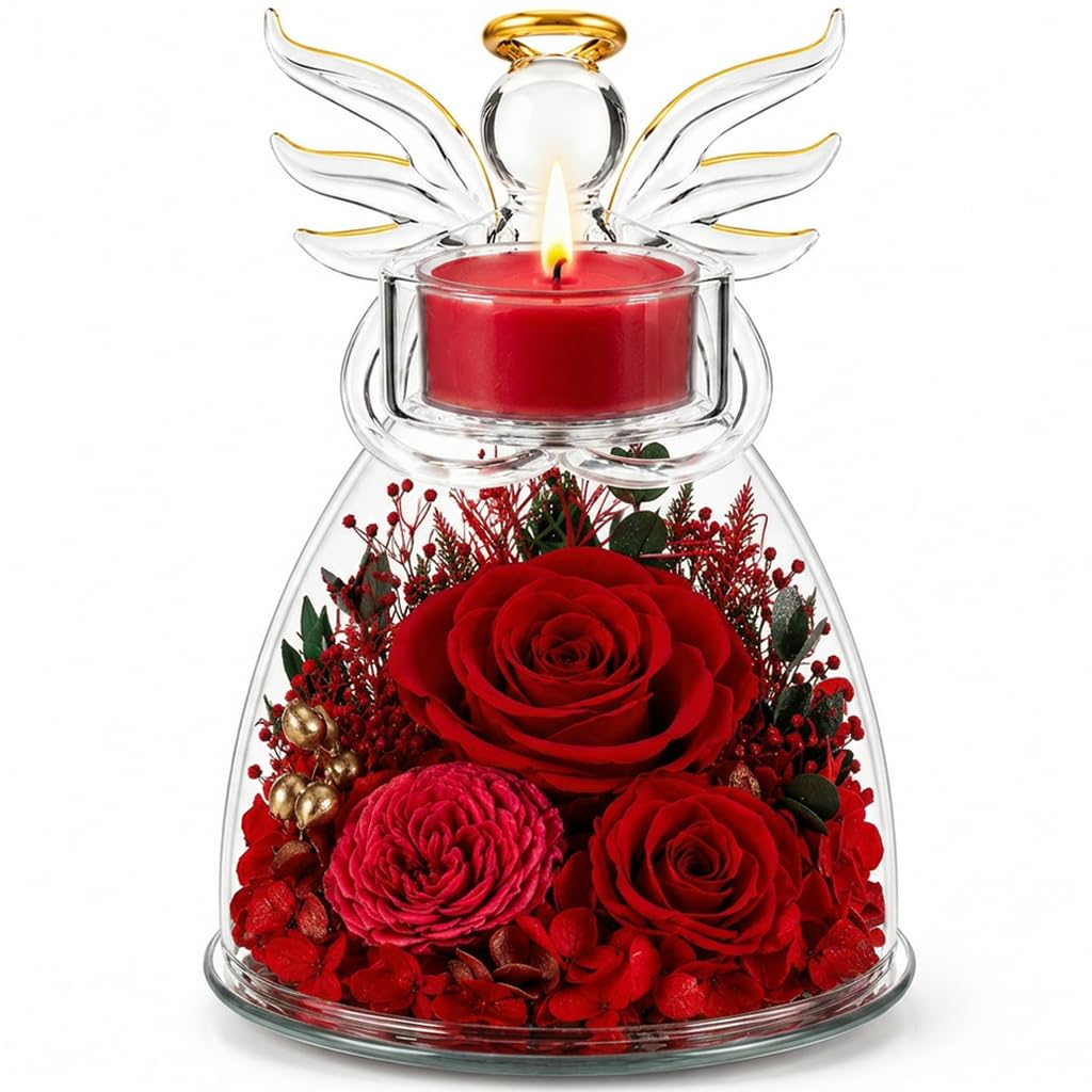 Agrul Birthday Gifts for Wife Girlfriend Women, Preserved Red Rose in Glass Angel Candle Holder, Romantic for Her, Forever Flower Home Decor