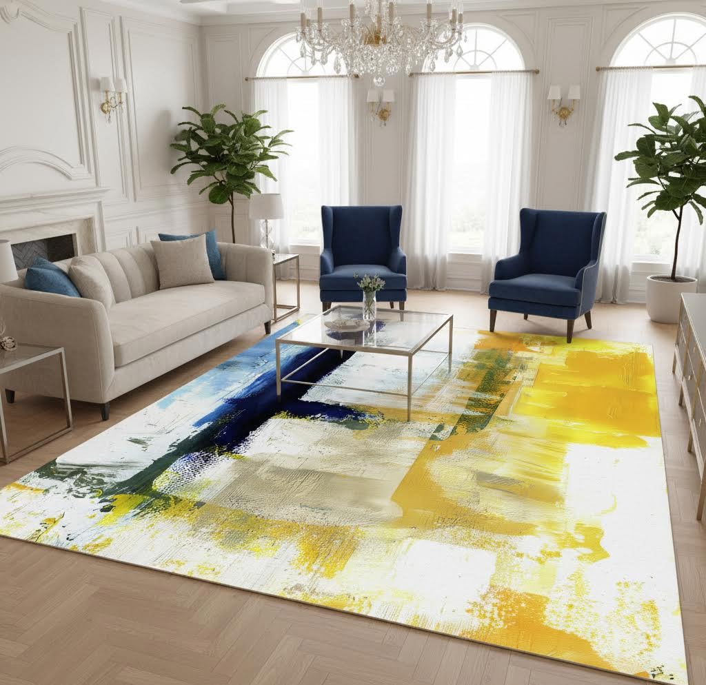 Mamatong Contemporary Modern Abstract Blue Yellow Vibrant Area Rug 5x7 Ultra Soft Wool Aesthetic Rug for Living Room Bedroom Dining Office Art Deco Floor Rug Kitchen Hallway Runner