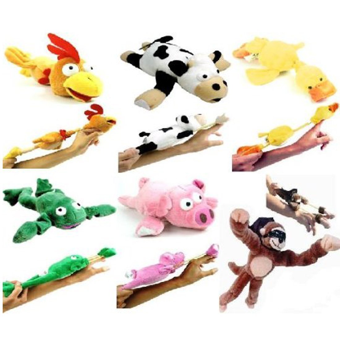 6pc Set of Slingshot Flingshot Flying Animals with Sound Monkey Pig Chicken Cow Duck Frog
