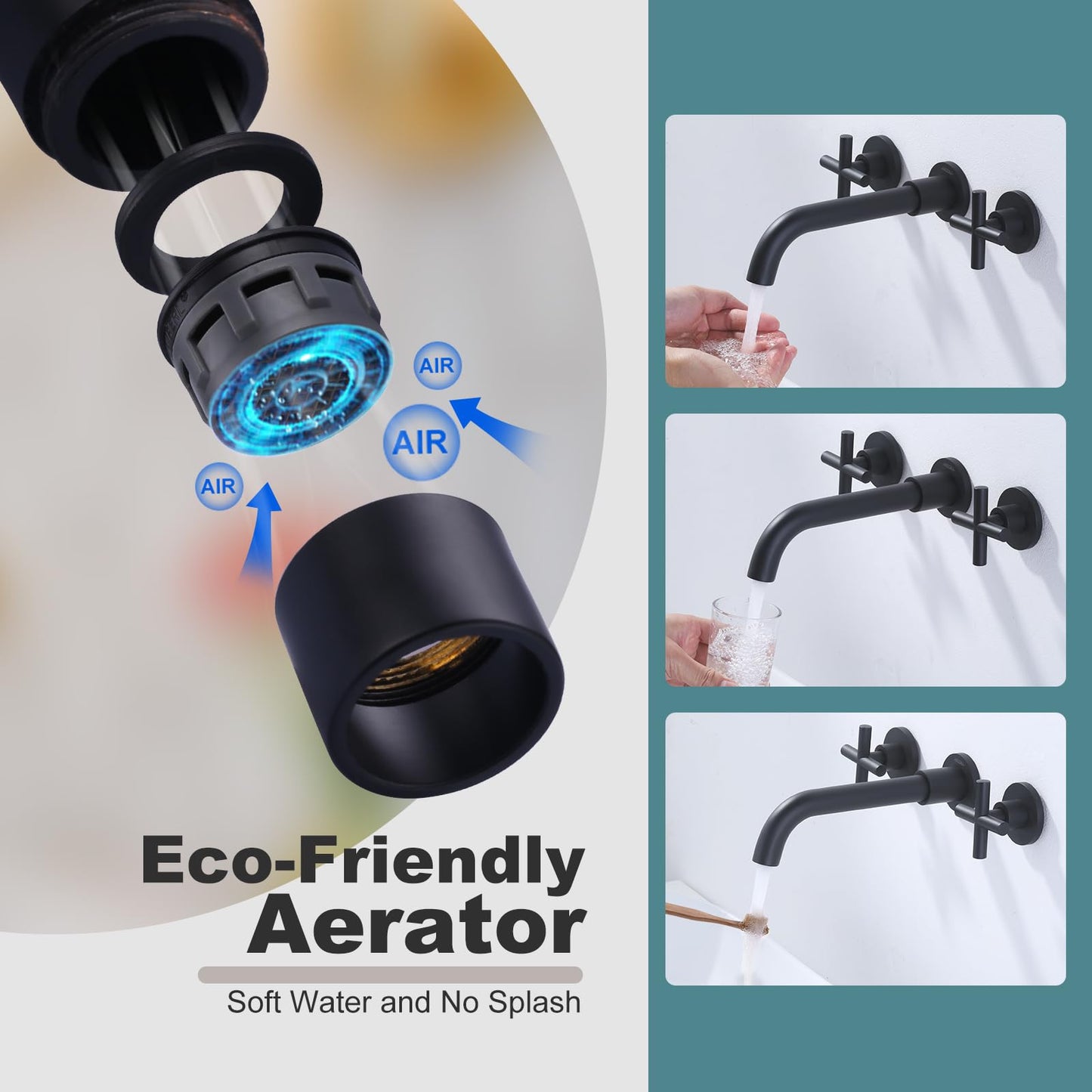 Matte Black Bathroom Faucet, ARCORA 2 Handle Wall Mount Bathroom Faucet and Rough-in Valve Included, Vessel Sink Faucet Wall Mounted