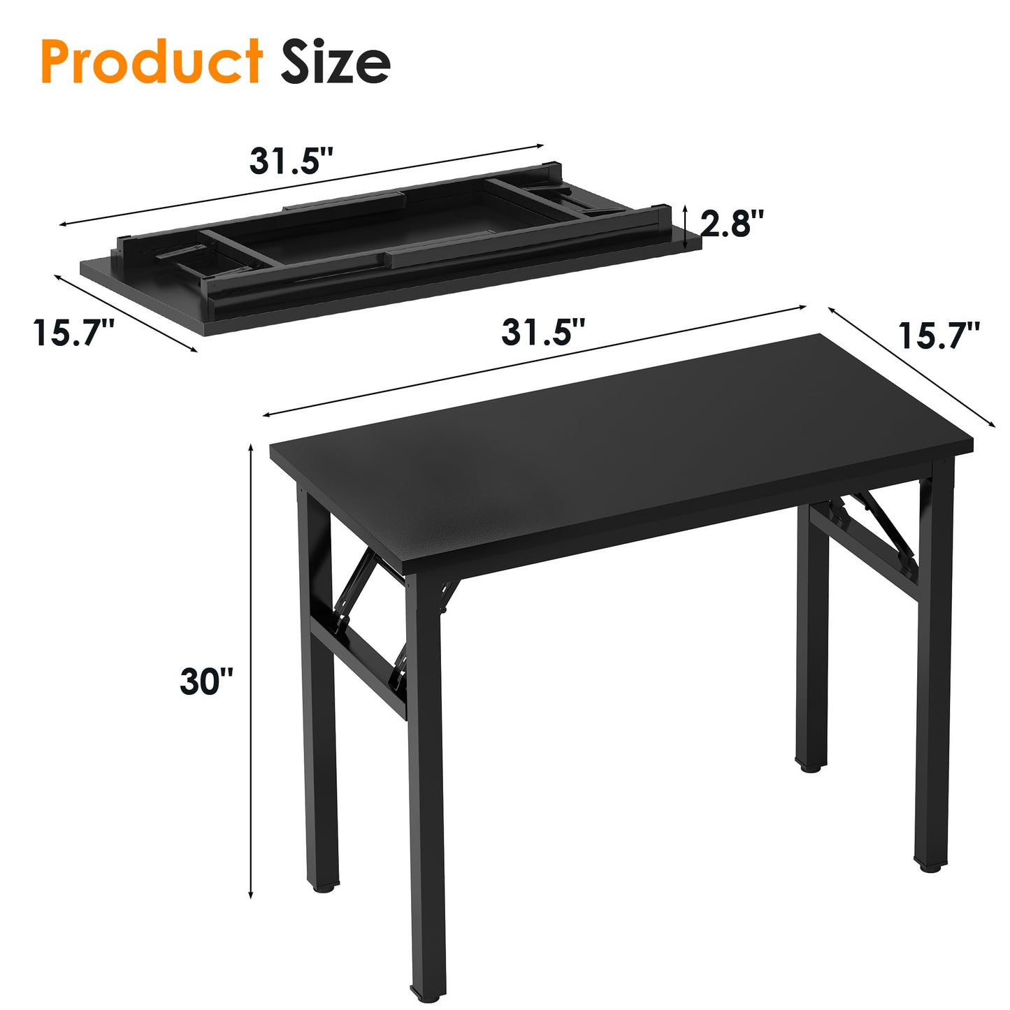 Need 31.5 Inch Folding Computer Desk for Small Spaces, Black Study Foldable Writing Table for Home Office, Bedroom, Dorm Room & Student, No Assembly