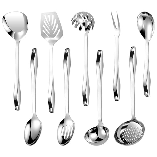 304 Stainless Steel Kitchen Utensil Set - 9pcs Cooking Utensils, Metal Kitchen Utensil Spatula Sets Cookware,High temperature resistance Kitchen Tool Set for Hanging Dishwasher Safe（Silver）
