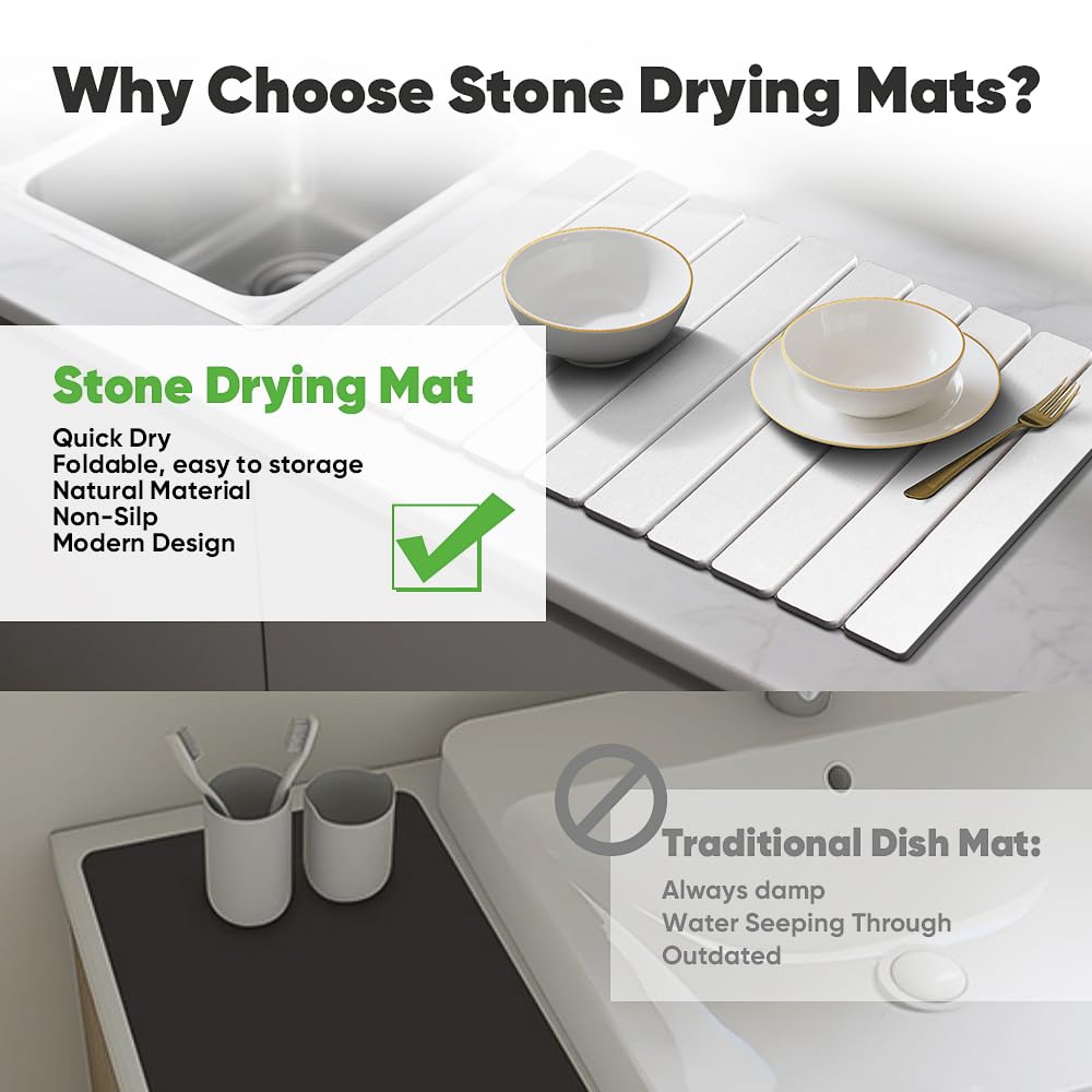 Stone Drying Mat for Kitchen Counter, Quick Diatomaceous Earth Mats for Dishes, 24"L x 16" W Super Absorbent Fast-Drying Collapsible Countertop Stone Mat (White, 24" x 16")