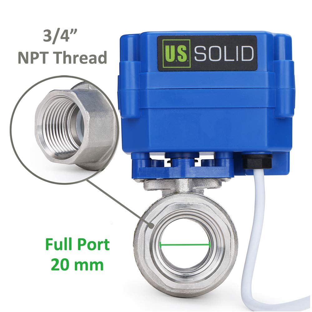 U.S. Solid Motorized Ball Valve- 3/4" Stainless Steel Electrical Ball Valve with Full Port, 9-24V AC/DC and 3 Wire Setup
