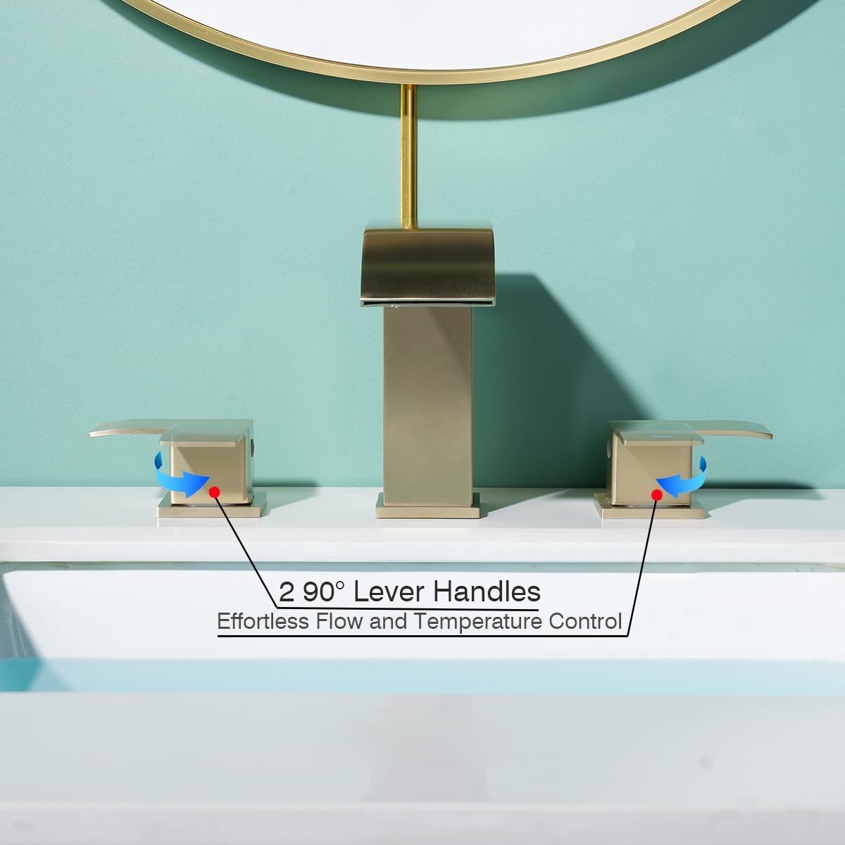 RANDOM Waterfall Bathroom Sink Faucet Brushed Gold 2 Handles 3 Holes SUS304 Stainless Steel Modern Vanity Faucet with Pop up Sink Drain Stopper and cUPC Water Supply Hoses
