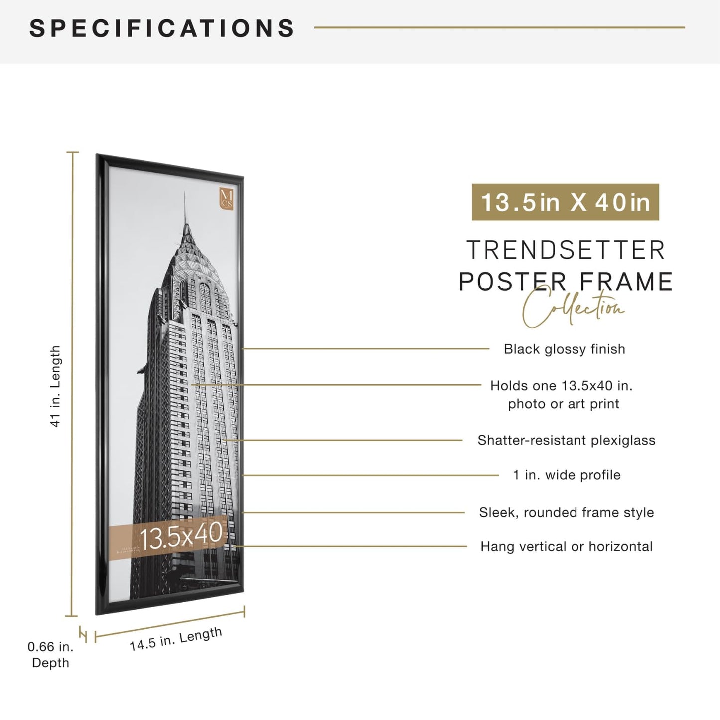 MCS Trendsetter 13.5x40 Poster Frame Black High-Gloss, Vertical & Horizontal Wall Hanging Large Picture Frame for Photos, Posters & Art Prints (1-Pack)