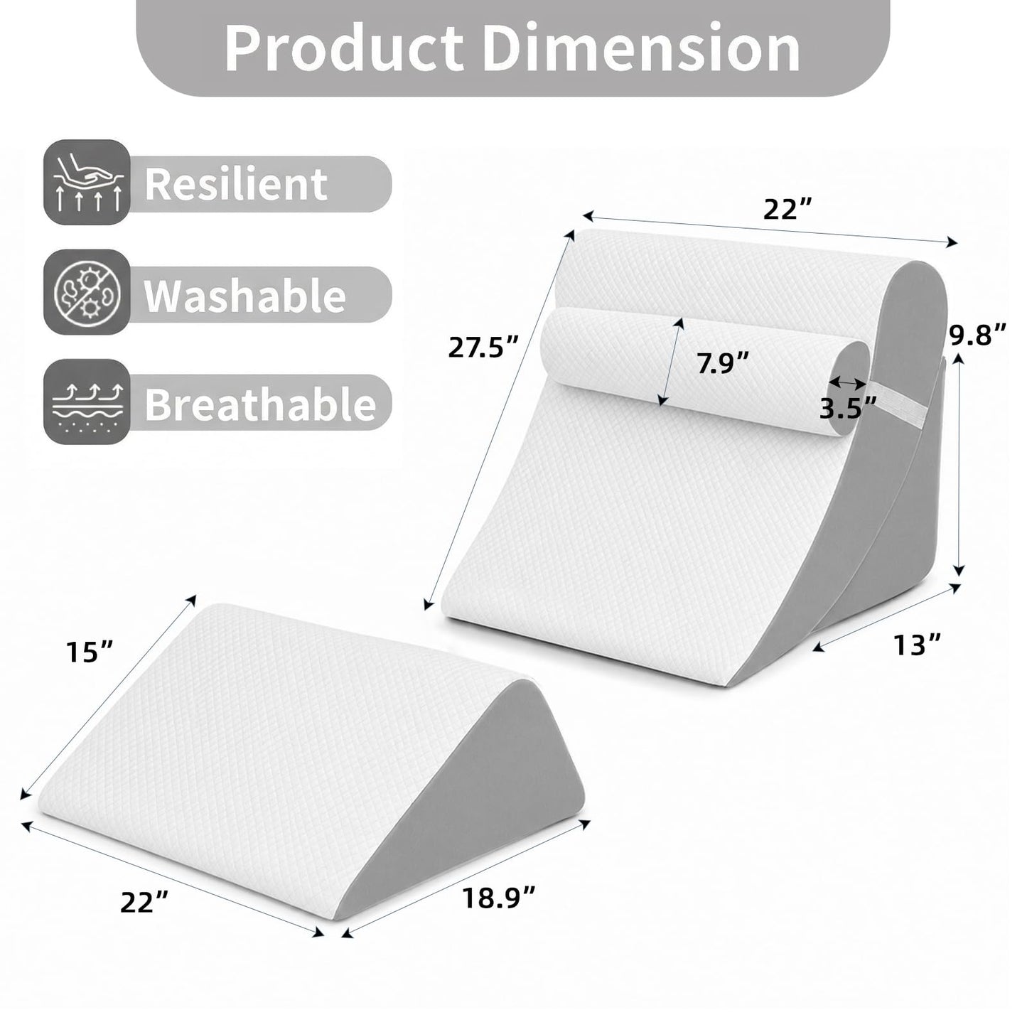 LevNubis 4PCS Orthopedic Bed Wedge Pillow Set for Post Surgery & Pain Relief,Adjustable Wedge Pillow for Back,Sitting up in Bed,Recovery,Acid Reflux,Snoring,Body Pillow for Sleeping (White/Light Grey)