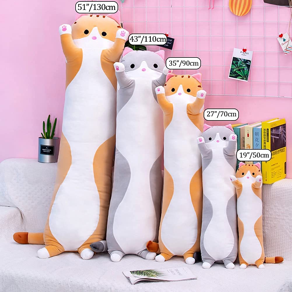 Cute Cat Plush Long Body Pillow Cuddle Cartoon Stuffed Animals Cat Plushie Soft Doll Pillows Gifts for Kids Girls (Orange, 51")