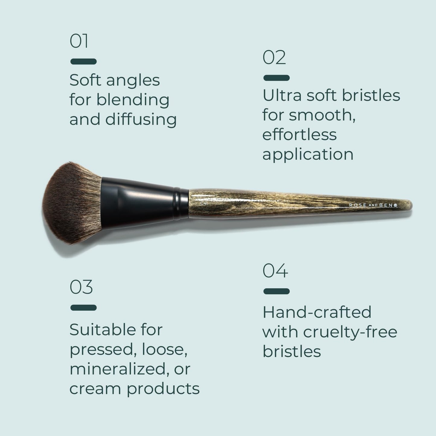 Rose and Ben Beauty C41 Blush Brush | Professional Brush for Flawless Makeup Application | Angled Non-Shedding & Cruelty-Free for Pressed, Powder, & Cream Cosmetics
