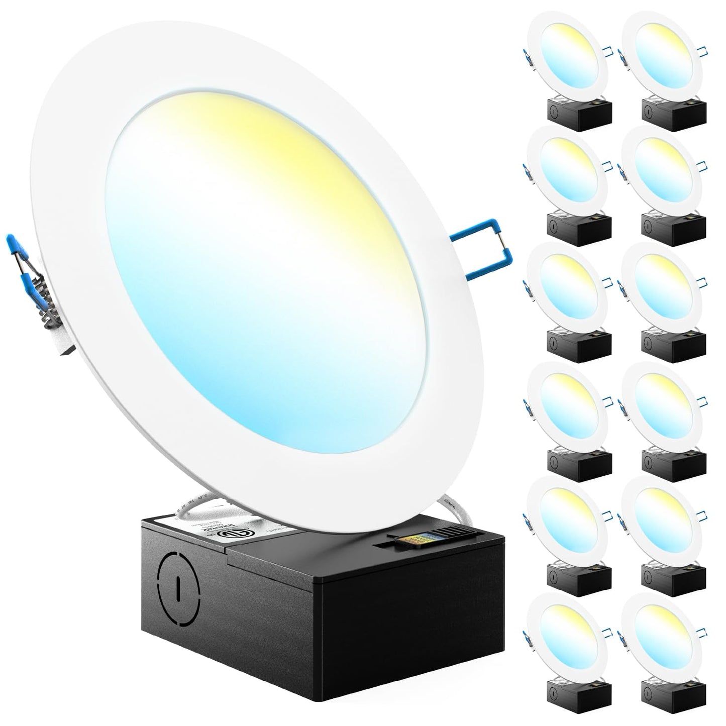 Sunco 12 Pack 5CCT 6 Inch Ultra Thin LED Recessed Ceiling Lights Slim 1500LM High Brightness, 2700K/3000K/3500K/4000K/5000K Selectable, Dimmable, 14W, Canless Wafer with Junction Box.