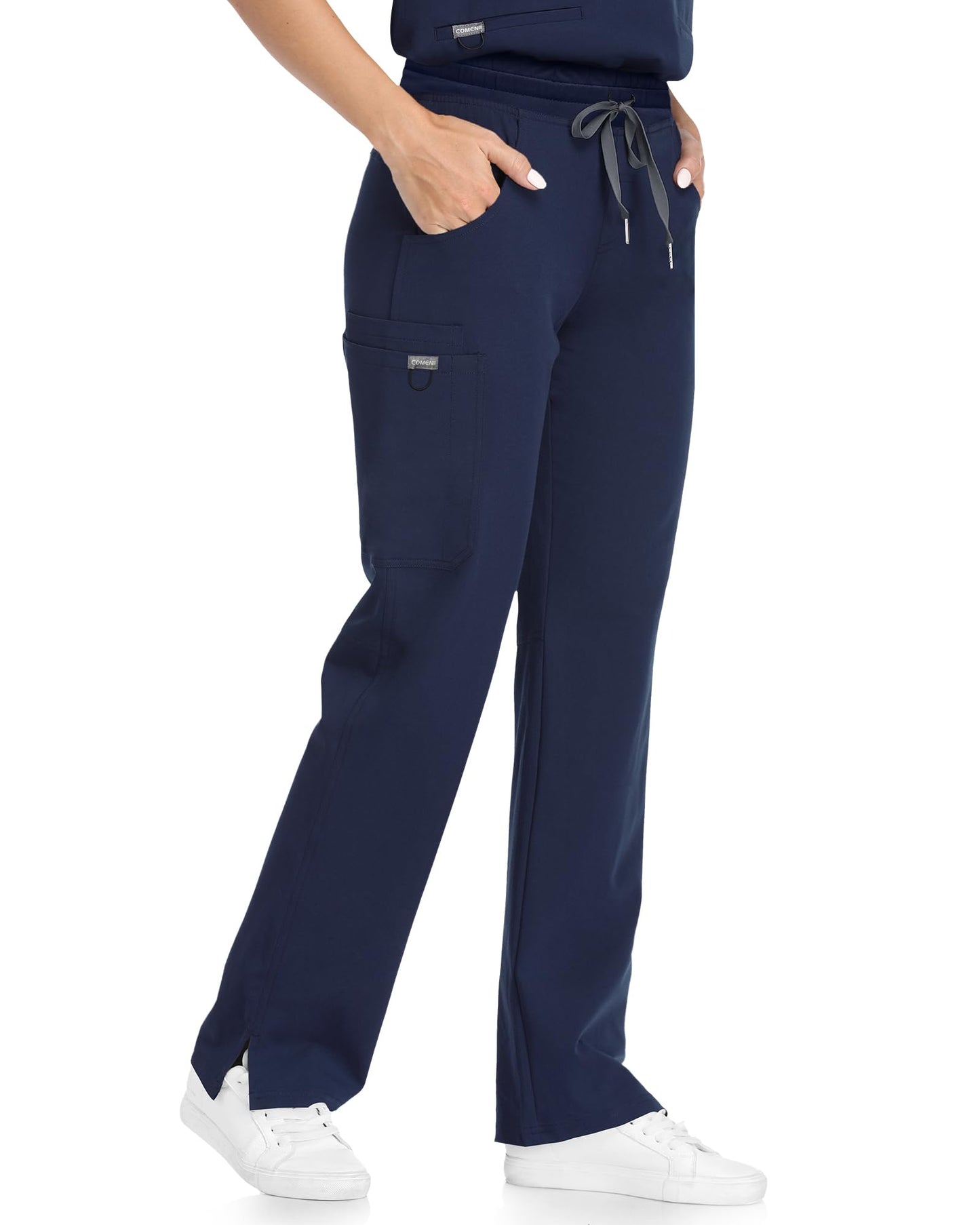 COMENII Scrubs for Women, Mid Rise Straight Leg Cargo Scrubs Pants with Knit Yoga Waistband, Anti-Wrinkle Womens Scrubs Pants-1-R-Navy M