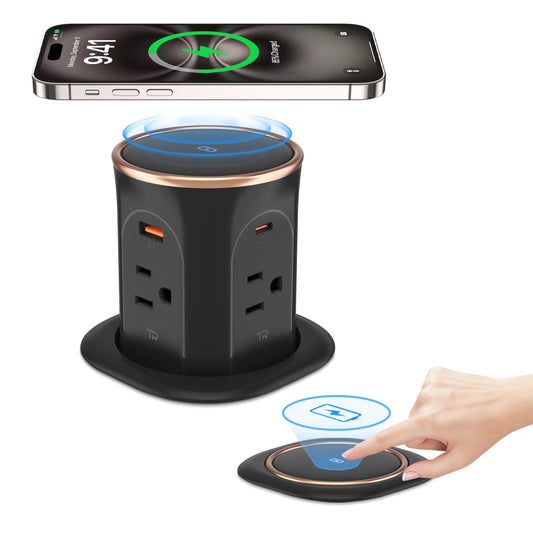 ANNQUAN Motorized Pop Up Countertop Receptacle with 15W Wireless Charger,Max 20W Power Delivery,3.15" Automatic Pop Up Electrical Outlet with 4 Outlets 4 USB Ports for Home Office Kitchen