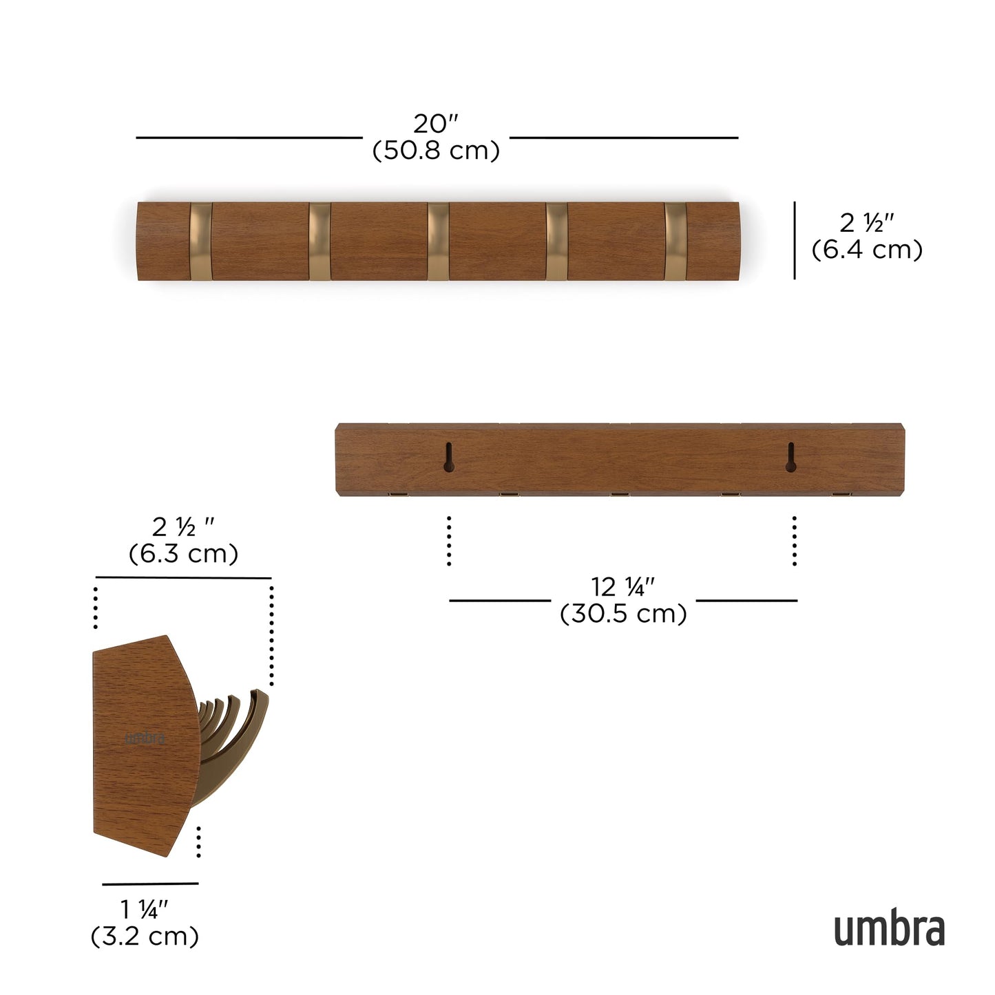 Umbra Flip Wall-Mounted Coat Rack with 5 Hooks – Modern, Space-Saving Storage for Hats, Jackets, Bags, Entryway, Mudroom, Closet, Bathroom, Bedroom – Light Walnut/Gold