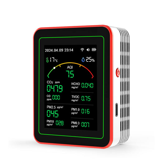 Air Quality Monitor,15-in-1 Smart Air Quality Tester with PM,CO2,CO,TVOC,HCHO,PM,AQI,Temperature & Humidity,Timer,Real Time Display,Battery Powered,for Home & Office