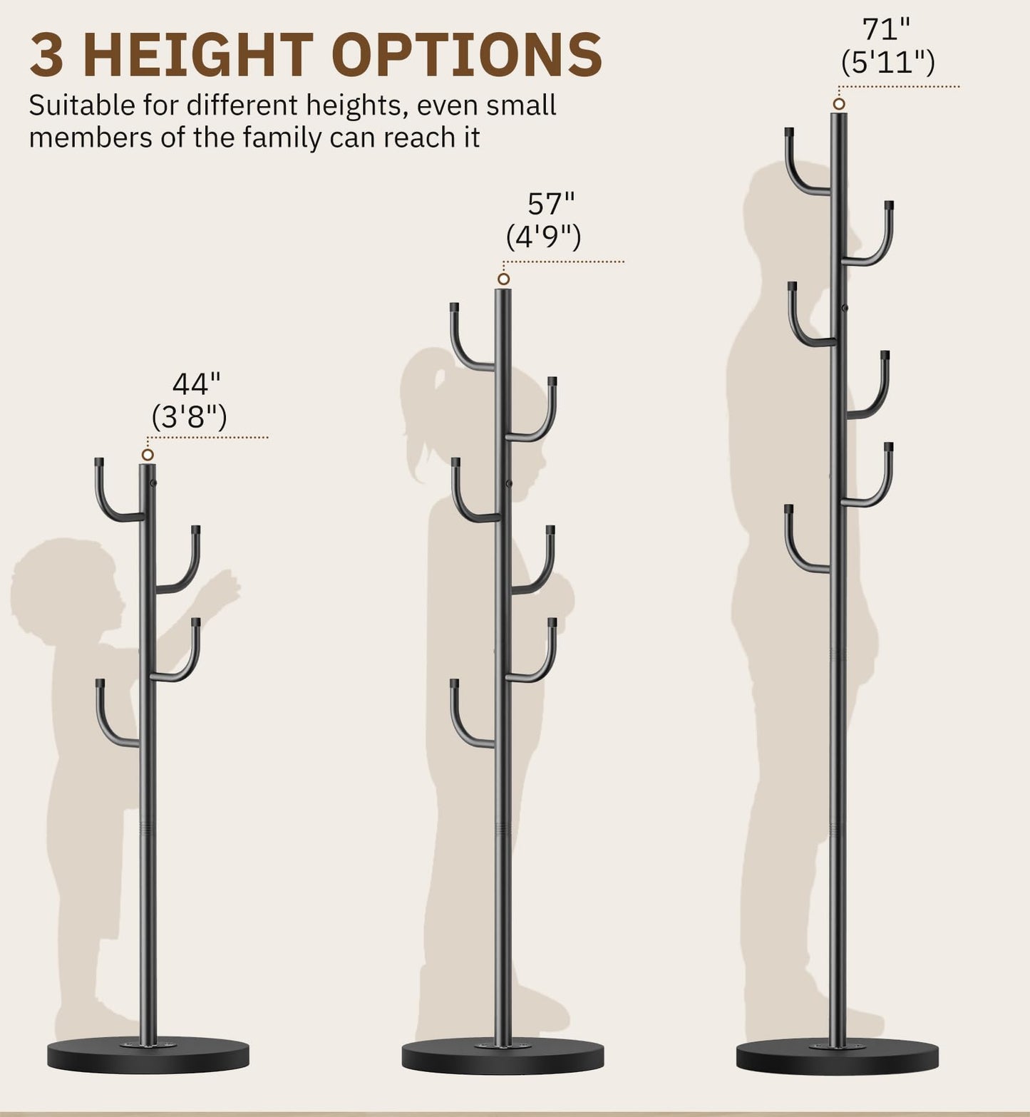 MISSLO Heavy Duty Coat Rack Freestanding 4 Adjustable Size Coat Tree with Stable Wood Base Coat Hanger Stand with 6 Hooks Standing Clothes Tree for Bedroom, Black