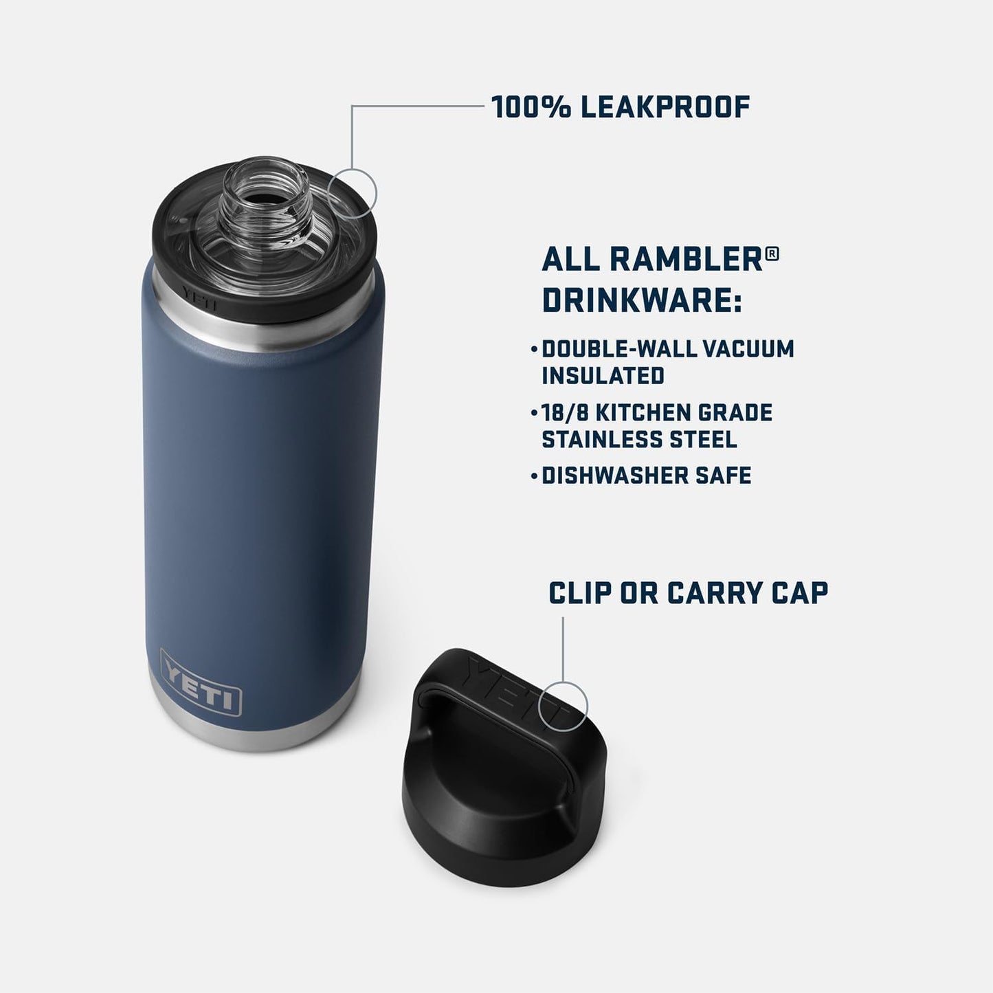 YETI Rambler 26 oz Bottle, Leakproof, Vacuum Insulated, Stainless Steel with Chug Cap, Navy/Rescue Red/White/Badge