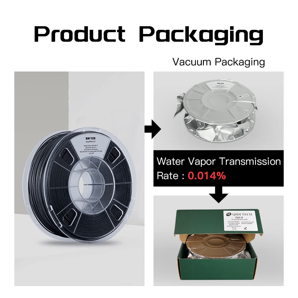 R QIDI TECHNOLOGY PA12-CF Nylon Filament 1.75 Black, Carbon Fiber Nylon Filament 1.75mm 1Kg Spool 3D Printer Filament, High Strength, High Precision, No Warpage, Low Moisture Sensitivity