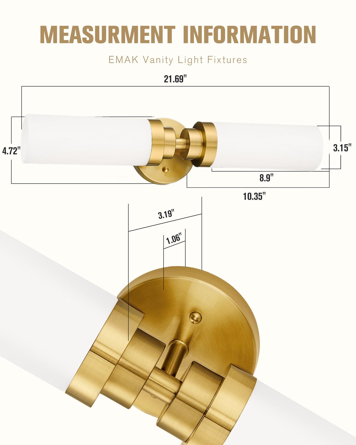 Emak Modern 22 Inch Bathroom Light Fixtures Over Mirror, Brushed Gold Vanity Light Bar with Milk Glass Shade, 2-Light Bathroom Wall Sconce, VL085-BGD-ML-2
