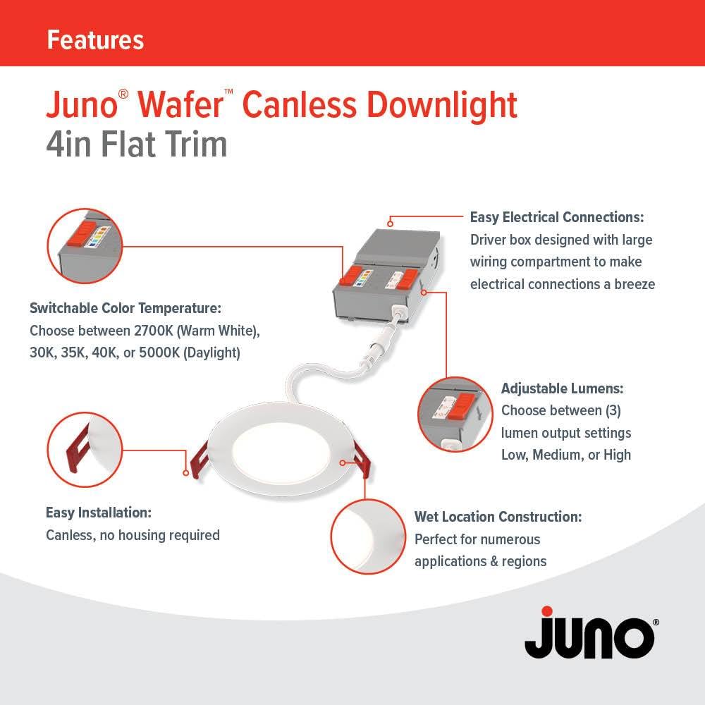 Juno LED Recessed Lights 4 Inch Round Baffle Wafer Downlight, 5-in-1 Switchable White Color Temperature, Adjustable Brightness, 120 Volts, 4-Inch Flat Trim, 6 Pack, Matte White