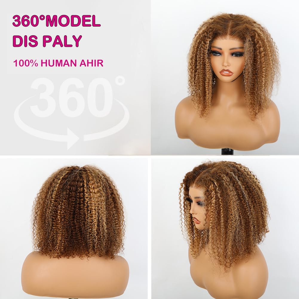 16 inch Wear and Go Glueless Wig Ombre Highlight 4/27 Afro Kinkycurly Wigs Pre Cut HD Lace Wig human hair Pre Plucked,Natural Hairline for Women 200% Density