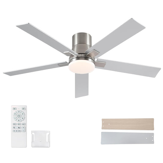 52 Inch Ceiling Fans with Lights and Remote,Flush Mount Brushed Nickel Ceiling Fan,6 Speed Reversible DC Motor, 3CCT Dimmable LED-Low Profile Design for Bedroom, Living room & Covered Outdoor
