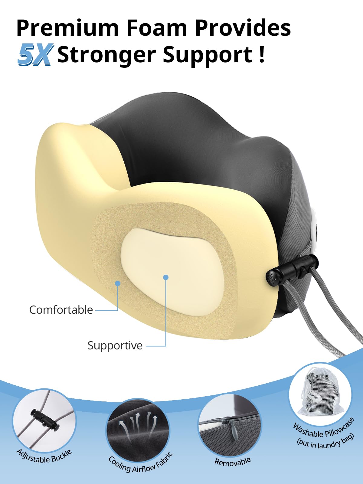 Inspireyes Neck Pillow, Travel Pillow with Seat Strap, 3D Sleep Mask, Dual Support Neck Head, High Supportive Foam Airplane Pillow for Long Flight, Stop Bobblehead Travel Essential, Light Grey
