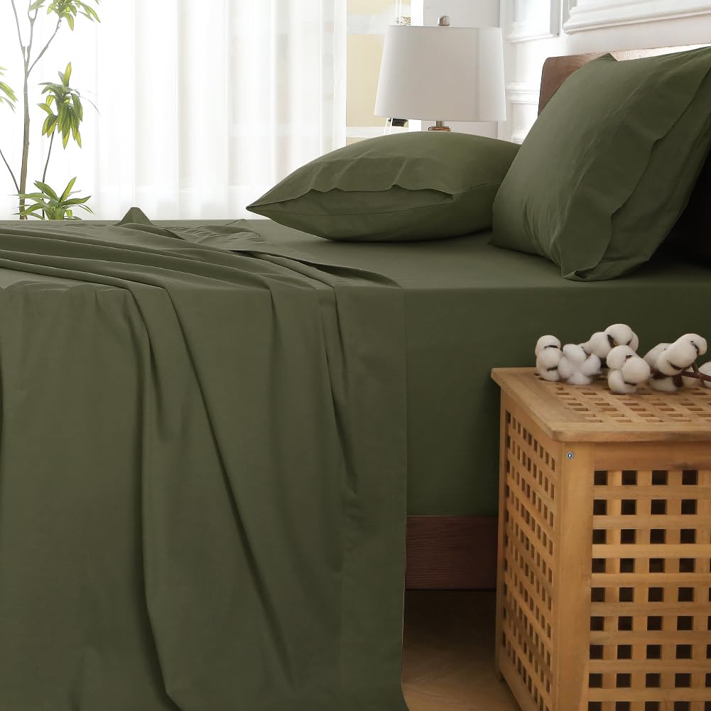 HYPREST Deep Pocket Queen Sheet Sets Fits 18"-24" in Deep Mattress -100% Cotton Queen Sheet Set,Green Hotel Crisp Soft Cooling Sheet Sets for Queen Bed