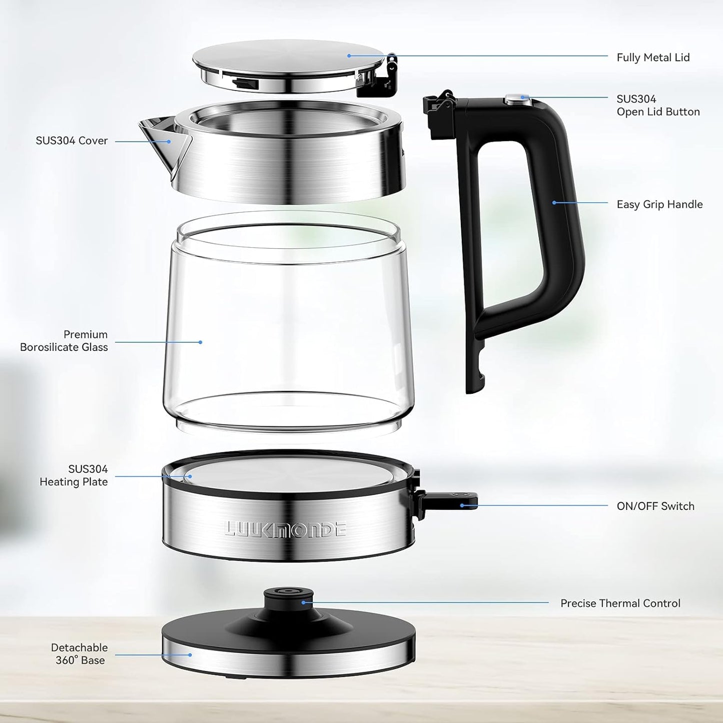 LUUKMONDE Electric Kettle, 1L 1500W, Small Glass Tea Kettle, Hot Water Boiler with LED Indicator, Cordless Water Heater Kettle, BPA-Free, Fast Boiling, Auto Shut-Off, Boil-Dry Protection