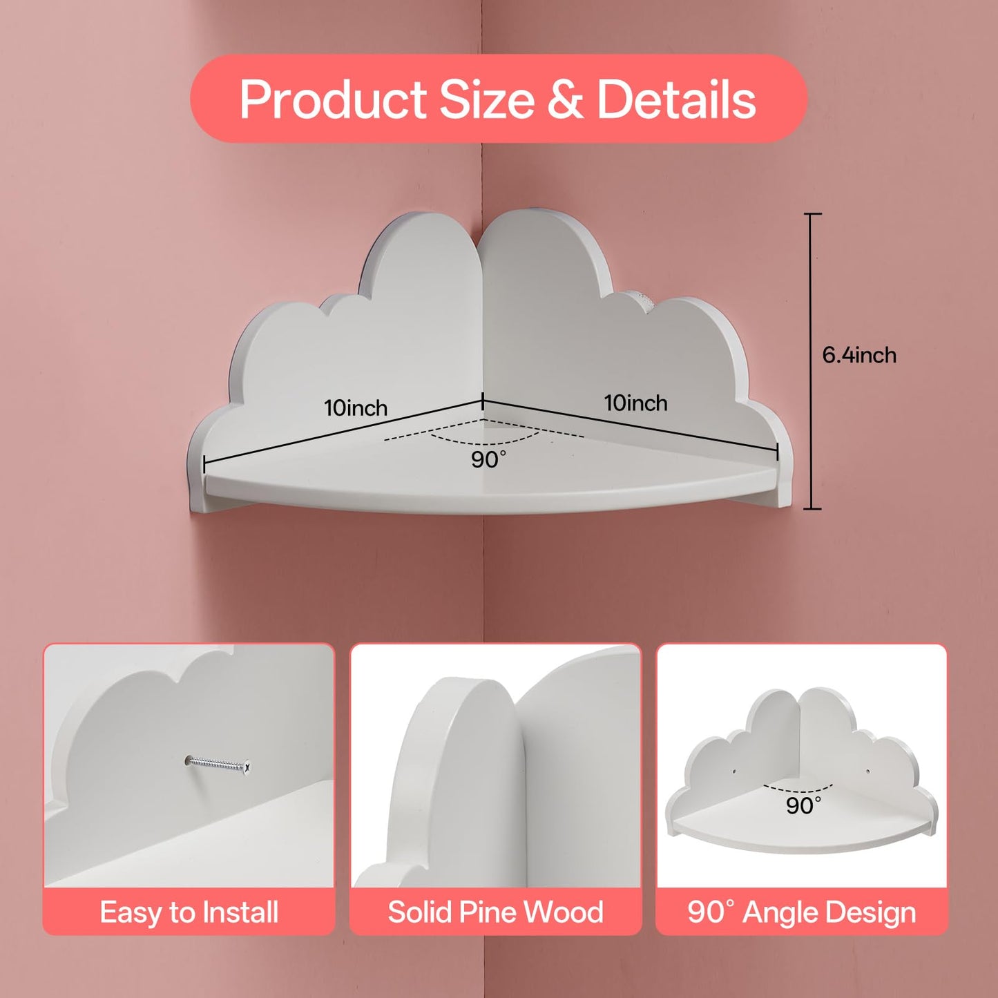 Conamily Cloud Corner Floating Shelves，Set of 3 White Corner Wall Shelf Floating Wooden Cute Wall Mounted Shelves Clouds Dispaly Shelf for Kid’s Room,Toys, Plants & Storage
