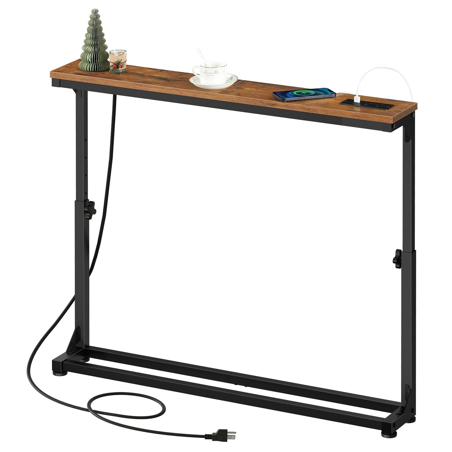 HOOBRO Narrow Console Table with Charging Station, Adjustable Height Sofa Table (25''-32.9''), Slim Behind Couch Table for Small Spaces, Entryway, Living Room, 39.4" Rustic Brown BF95UXG01