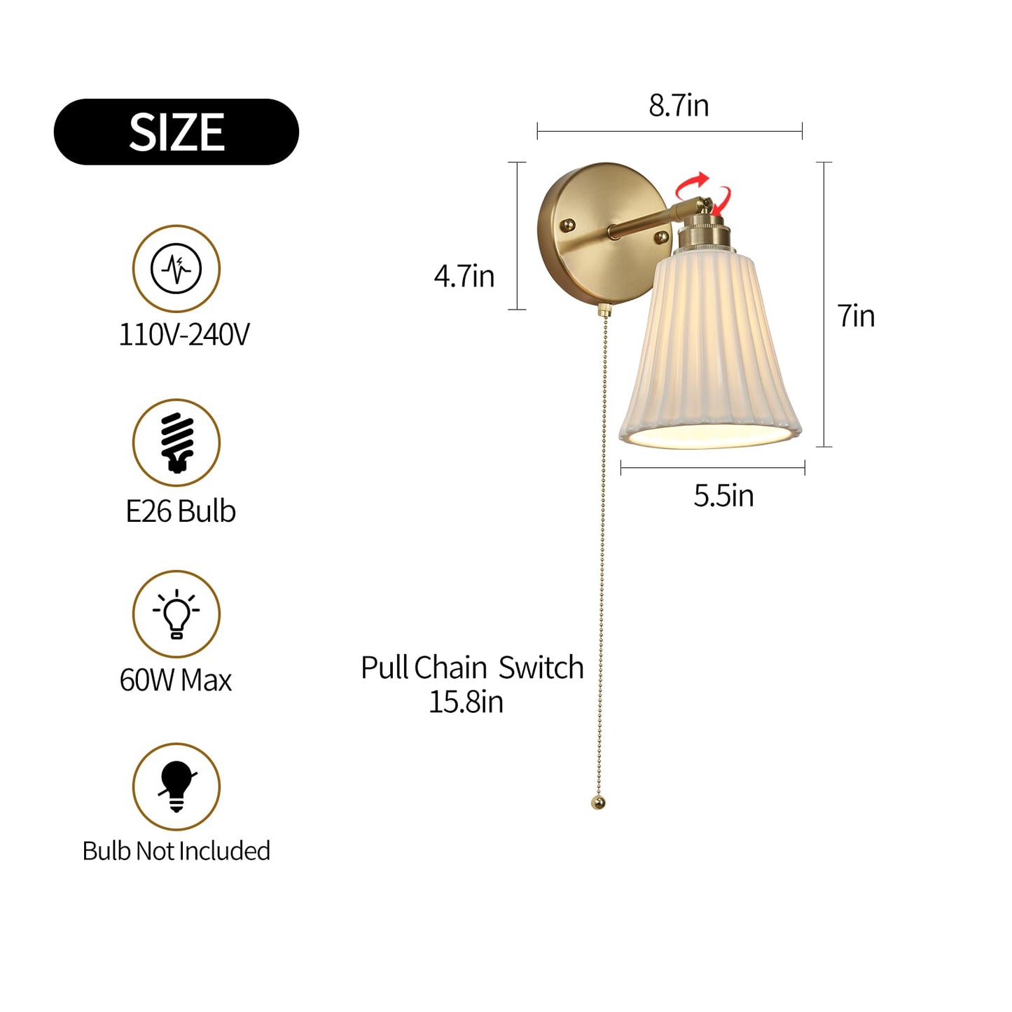2-Pack Modern Gold Ceramic Hardwired Wall Sconces with Pull Chain Switch & Adjustable Arms – Indoor Wall Light Fixtures for Living Room, Bedroom, Kitchen & Home Office