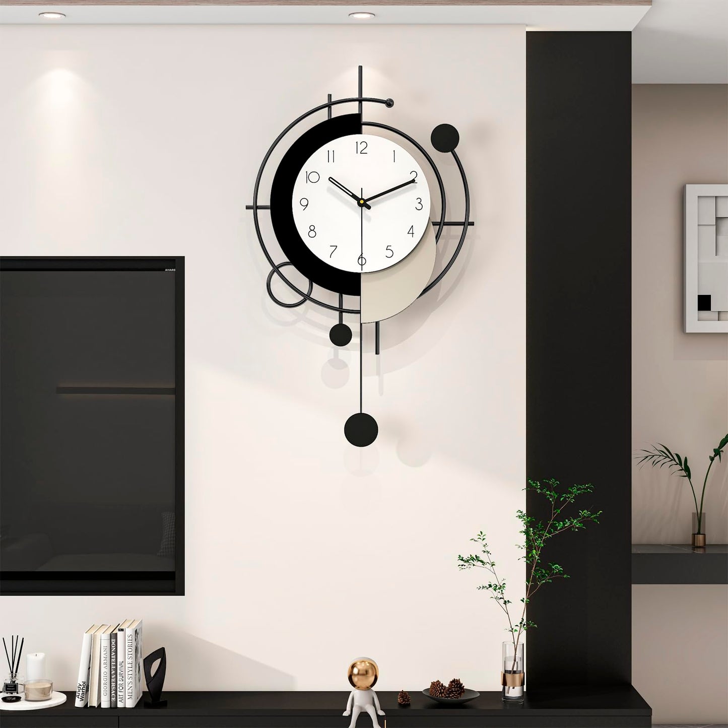 JTWALCLOCK Large Wall Clock for Living Room Decor 26 Inch Modern Decorative Black Wood Wall Clock Battery Operated Non Ticking for Bedroom Office Kitchen Big Pendulum Silent Clock Wall Decor for Home