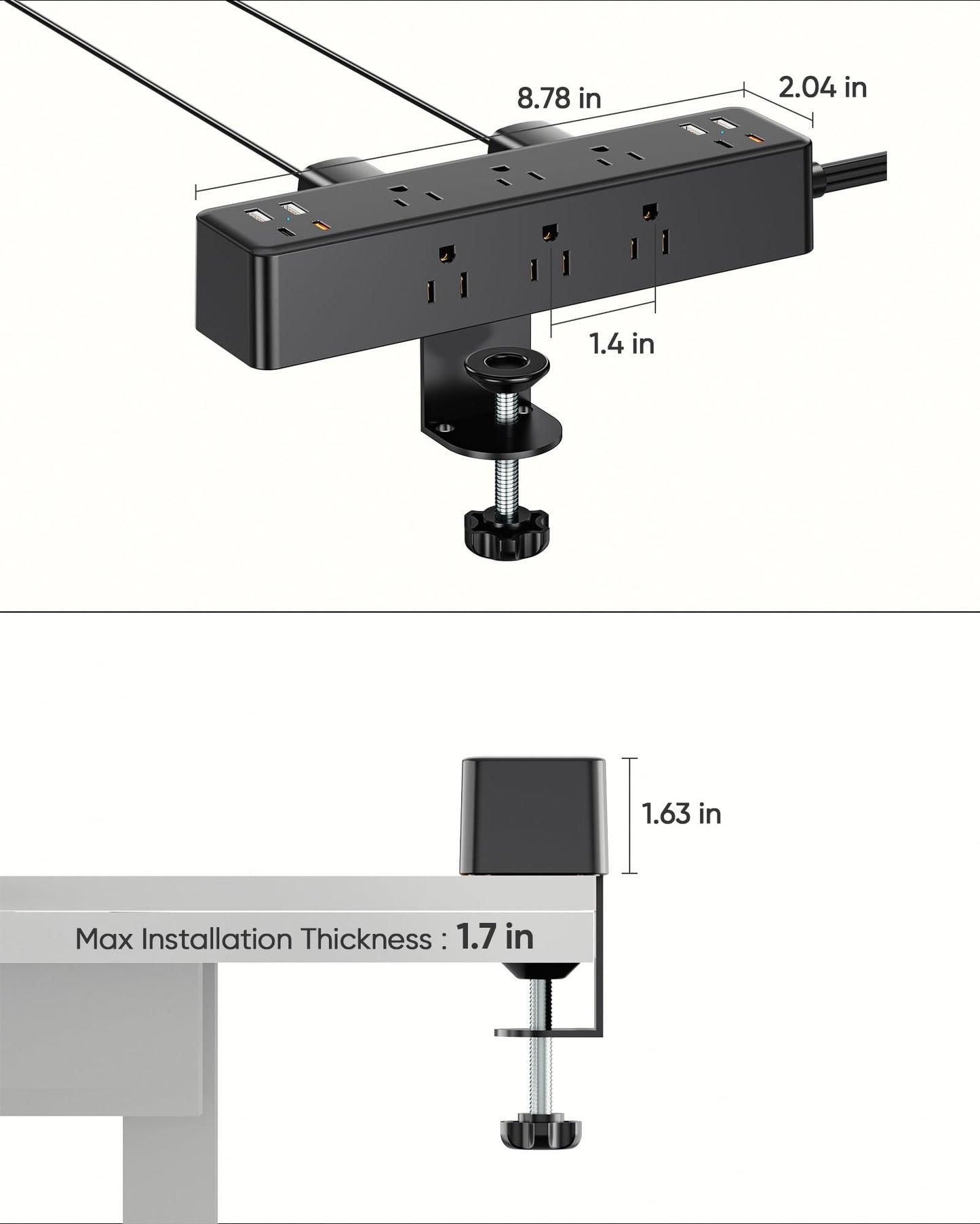 17-in-1 Desk Clamp Power Strip with 40W Fast Charging Station, ACOZVIN 10ft Flat Plug 1200J Surge Protector, 9 AC Outlets 8 USB Ports(4 USB C), Desk Outlet for Home Office, Fit 1.7" Tabletop Edge