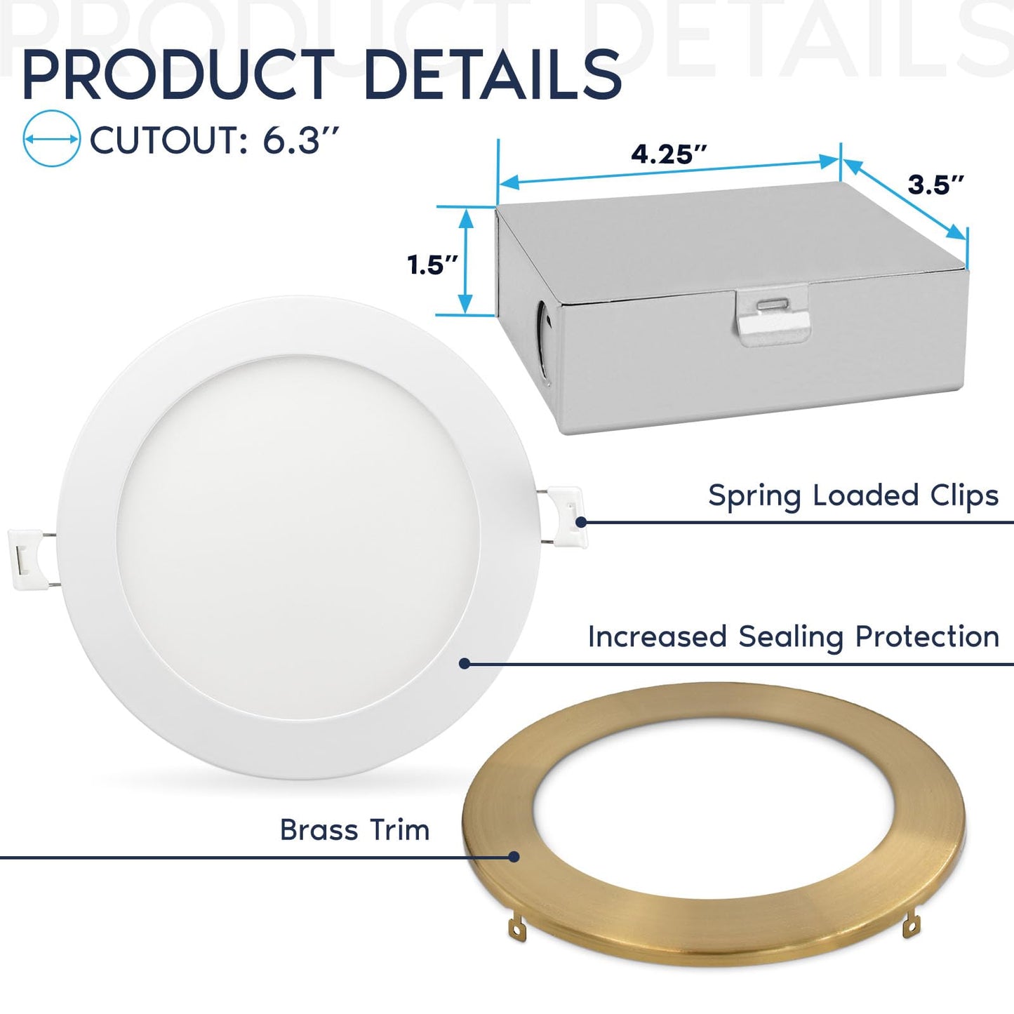 LUXRITE 6 Inch Ultra Thin LED Recessed Light with J-Box, 12W, 5 Color Options 2700K | 3000K | 3500K | 4000K | 5000K, Dimmable Wafer Light, 1000 Lumens, Brass Trim, Energy Star, IC Rated