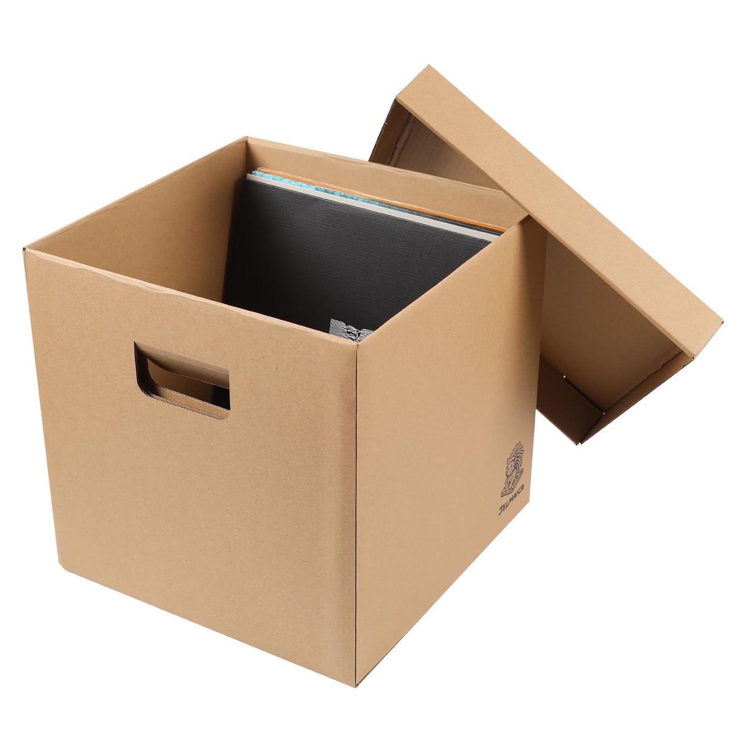 Jelmaica Vinyl Record Storage Box - Moving Box with Handles and Lids - Sturdy Cardboard Crate for Vinyl storage - Holds Up to 60 Records or LPs - Set of 4 Boxes (Kraft)