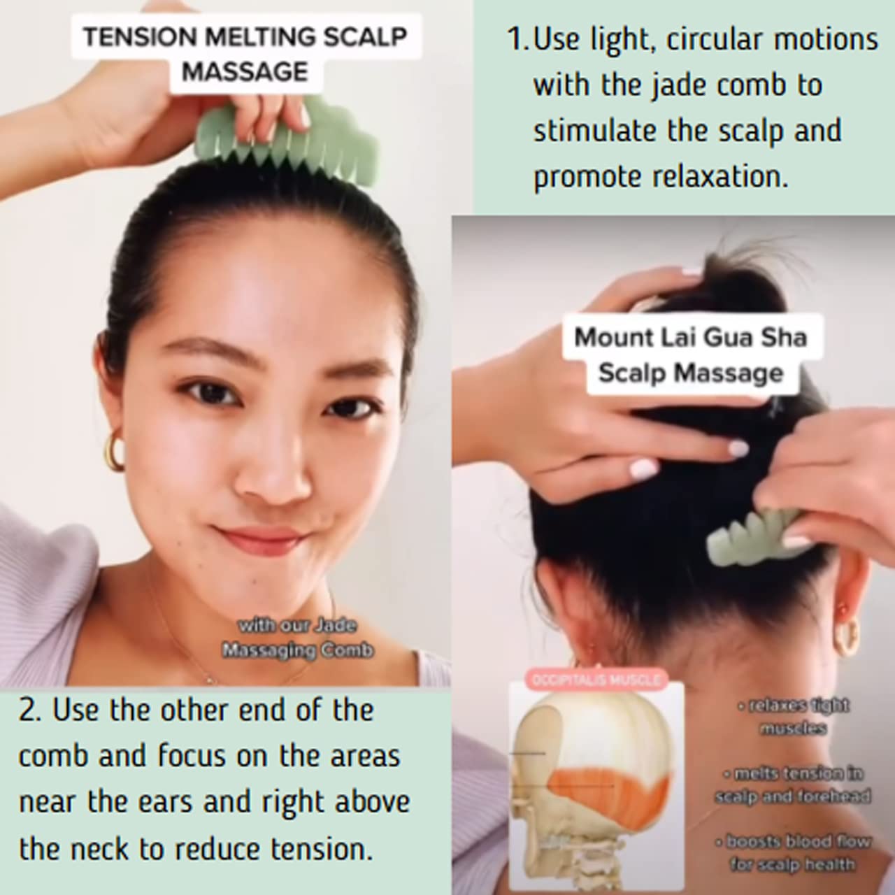 Mount Lai Hand-Carved Natural Jade Massaging Gua Sha Scalp Comb, Gua Sha Jade Comb Scalp Massager and GuaSha Scraping Tool, Balances and Cools, Promotes Relaxation and Blood Circulation