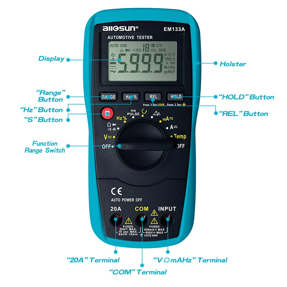 allsun Automotive Dwell Meter Digital Multimeter Autoranging TRMS 5999 Counts ACA/DCA Max.20A for RPM Dwell Angle Pulse Width Tach Temperature Duty Cycle Data Hold Test,Meter to PC