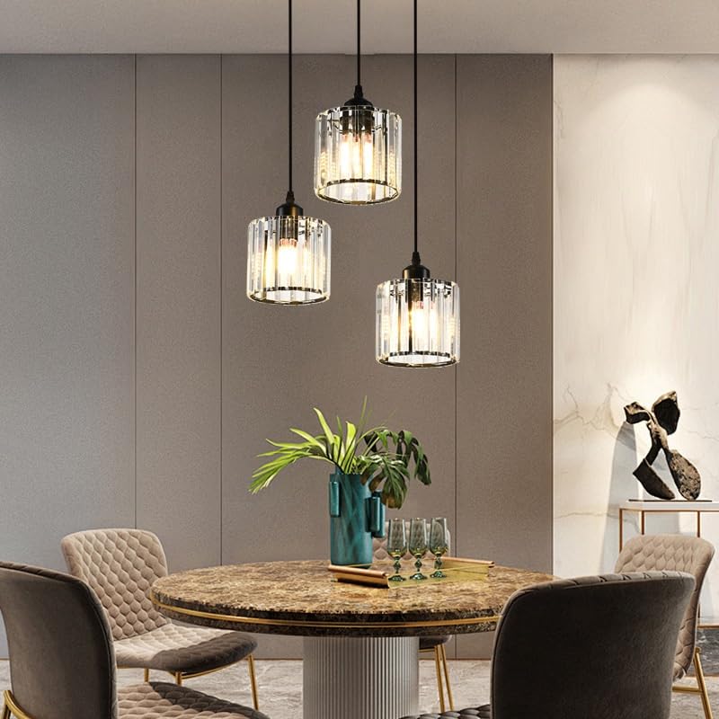 1 Pack Glass Pendant Light Battery Operated with Remote, Rechargeable Wireless Hanging Light Black, Battery Powered Pendant Lamp Small Crystal Glass Chandelier for Kitchen Dining Table Bedroom