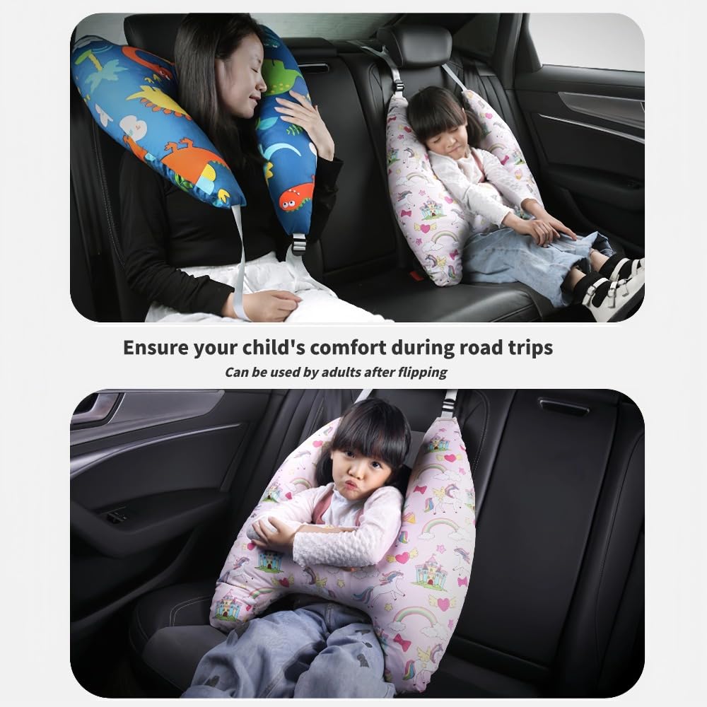 eaonitu Travel Pillow Car Cushion for Kids 6 Years Old+ Shoulder Neck Back Support & Seat Belt Comfort, Road Trip Cozy Sleeping Gift for Young Travelers, Parents, Families, Baby Shower (Dinosaur Blue)