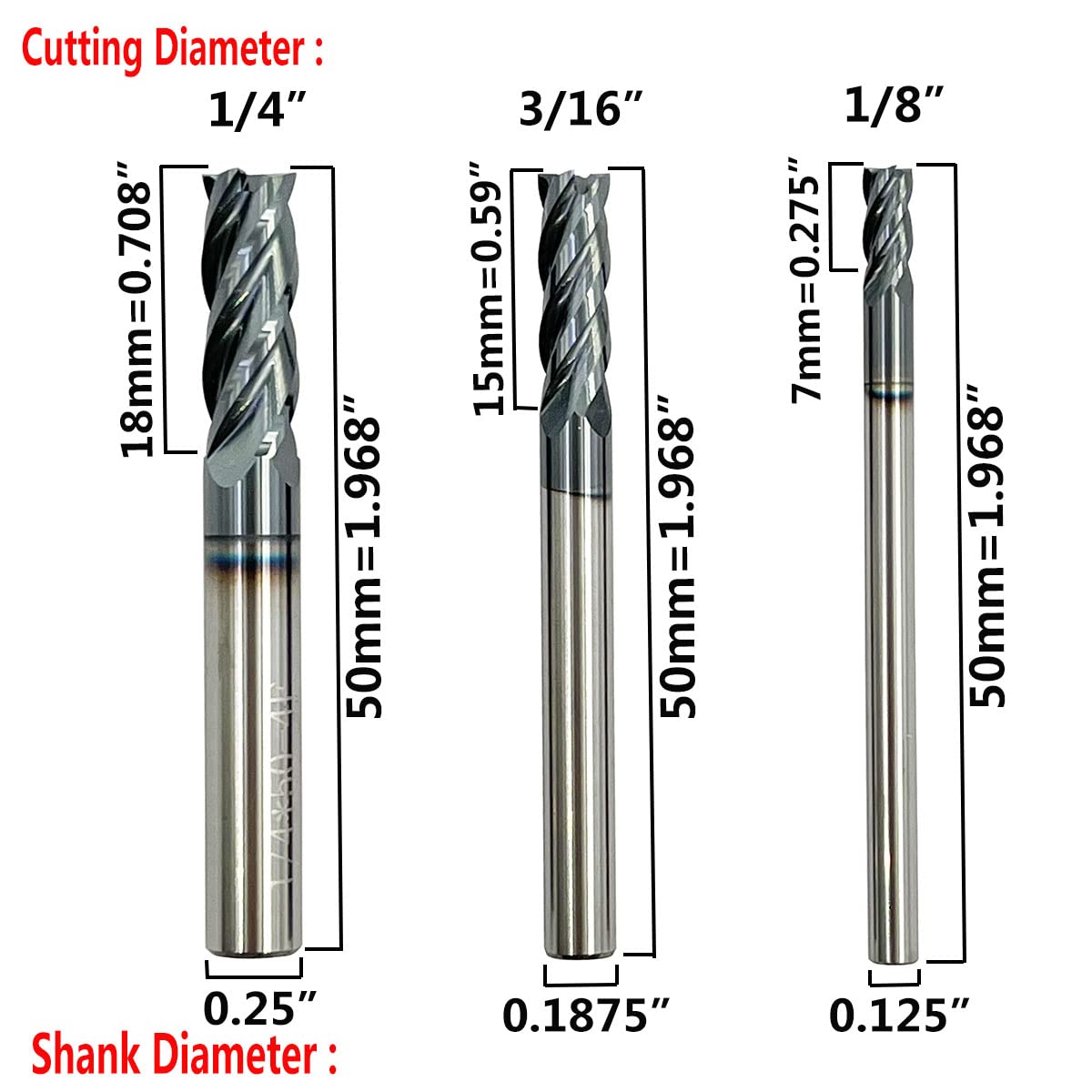 Home of quality tools 6pcs 1/2 inch 3/8 inch 5/16 inch 1/4 inch 3/16 inch 1/8 inch Carbide Square End Mill, HRC 45 Deg Single End 4 Flute AlTiN Coating Mill Bits (6pcs End Mill Set), Silver