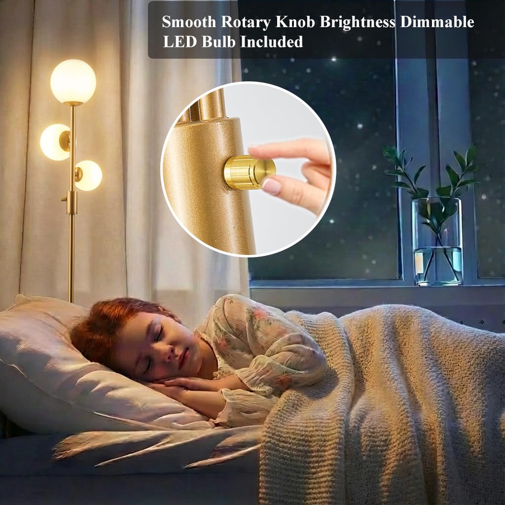 Fiqevs Dimmable 3 Globe Floor Lamp - Mid Century Modern Gold Standing Lamp with Frosted Glass Shade & LED Bulbs for Living Room, Bedroom, Office