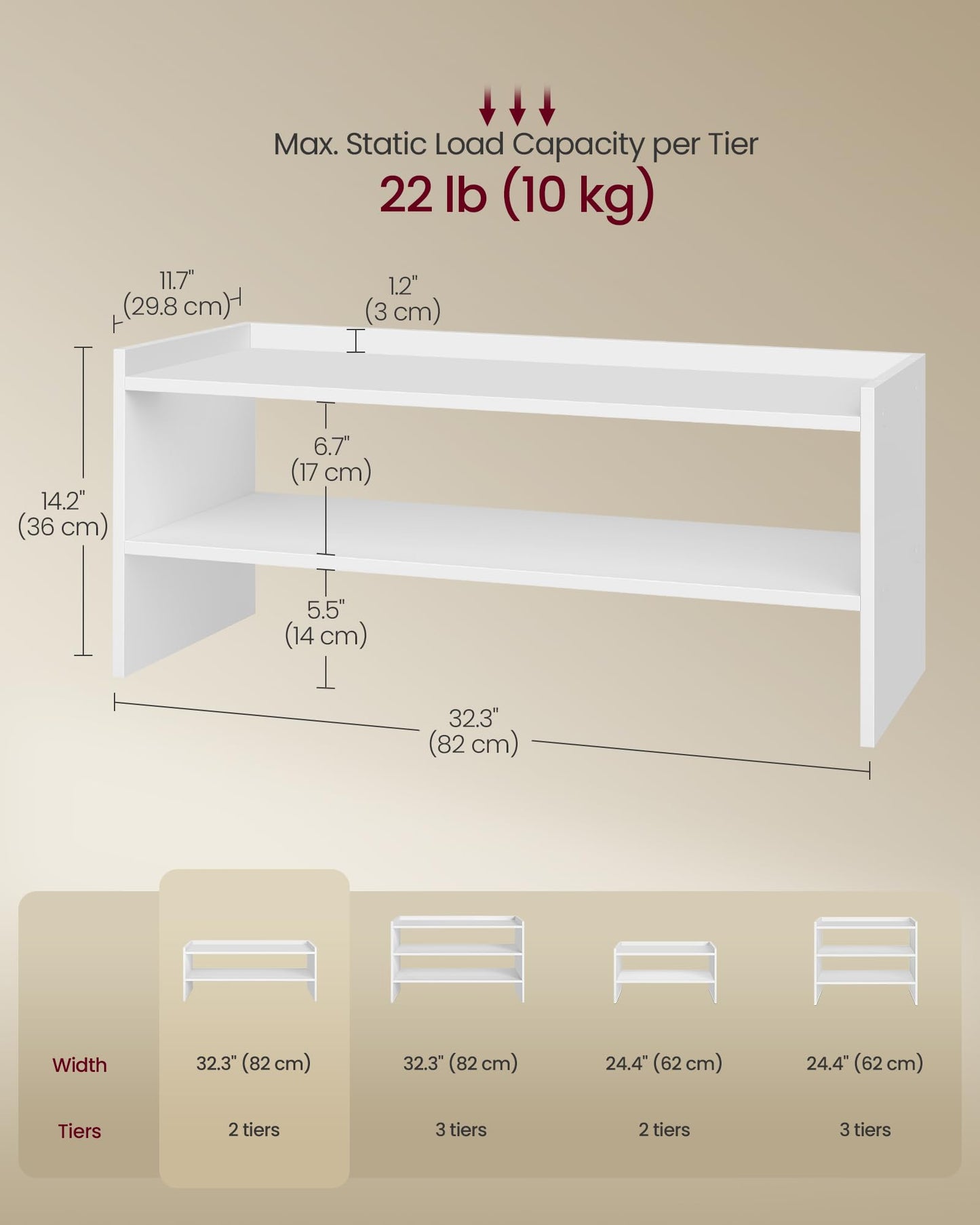VASAGLE Shoe Rack for Closet, Stackable Shoe Organizer Shelf for Entryway, 2 Tiers, 11.7 x 32.3 x 14.2 Inches, White ULBS060WZ01S