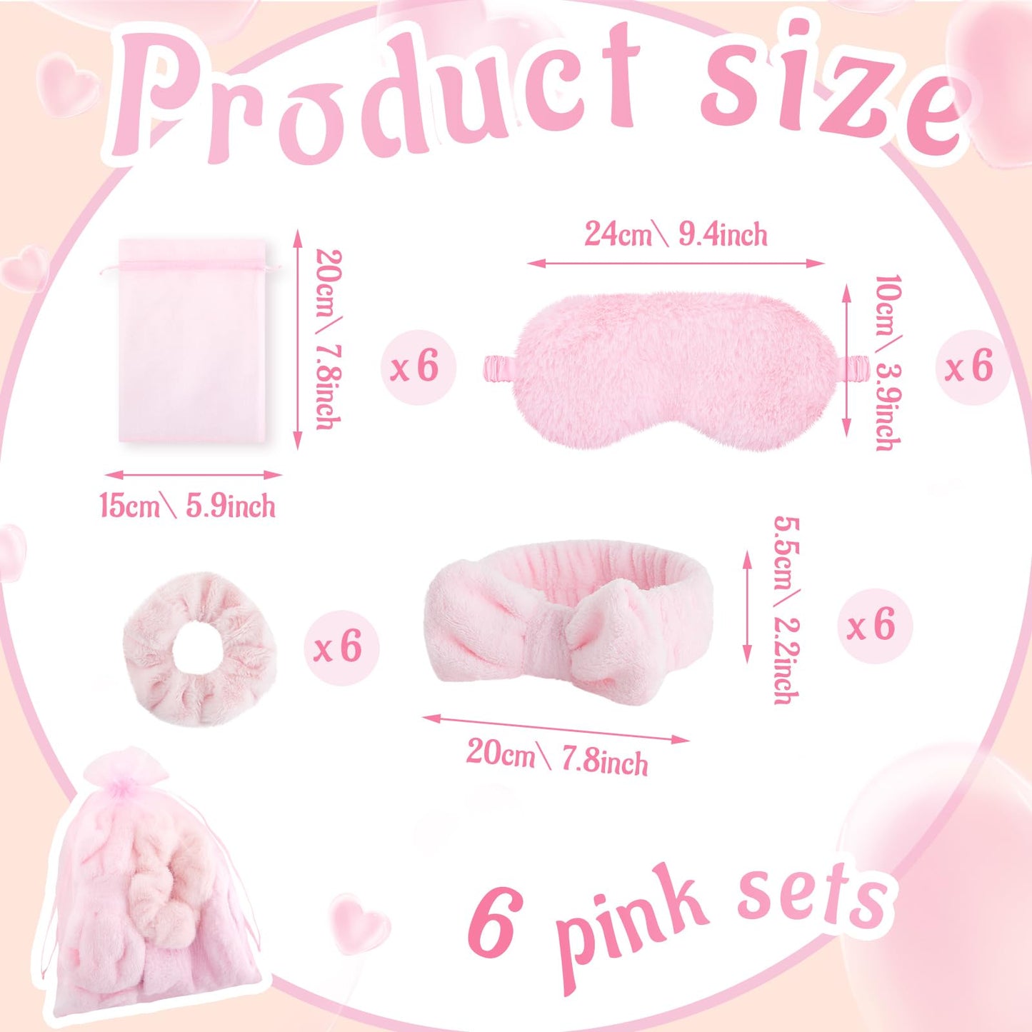 Fanfanwin 36 Pcs Sleepover Party Supplies 6 Throw Blanket 6 Spa Headband 6 Heart Pillows 6 Scrunchies 6 Sleep Eye Mask 6 Organza Bag for Spa Slumber Party Favors Supplies (Pink)