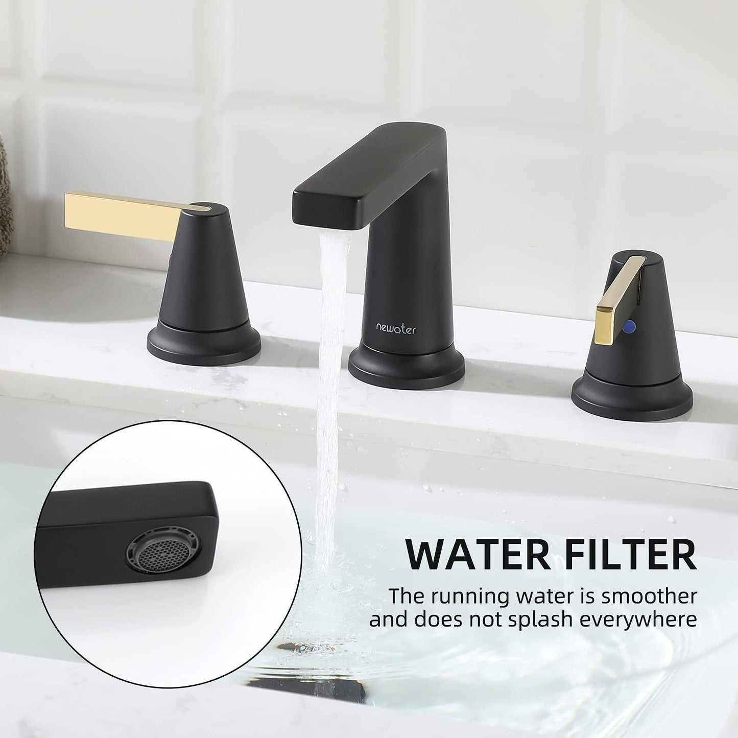 NEWATER Matte Black Brass Bathroom Faucet，2-Handle 8-Inch Widespread Modern Bath Black Bathroom Sink Faucet 3-Hole Rv 8" Vanity Faucets with Metal Pop-up Sink Drain & Faucet Supply Lines