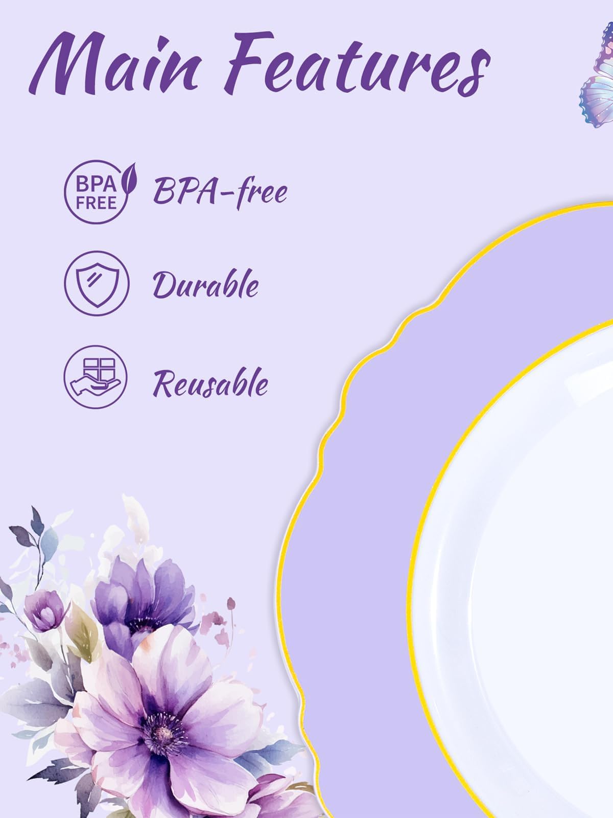 WDF 150Pcs Purple Plates Disposable - Baroque Lavender Purple and Gold Plates - 25Guest Plastic Dinnerware Ideal for Wedding/Party/Birthday/Bridal Shower