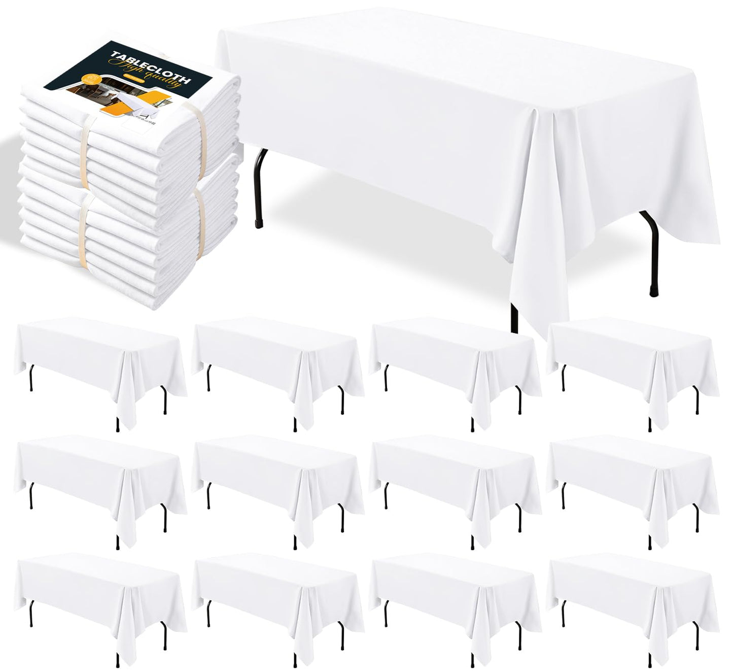 BIGTONE 12 Pack White Rectangle Tablecloth 60 x 102 Inch, Cross Ribbon Packing Reusable Table Clothes for 6 Foot Tables, Wrinkle Resistant Polyester Fabric Table Cover for Wedding, Party, Banquet
