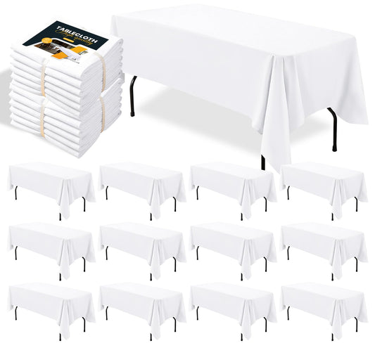 BIGTONE 12 Pack White Rectangle Tablecloth 60 x 102 Inch, Cross Ribbon Packing Reusable Table Clothes for 6 Foot Tables, Wrinkle Resistant Polyester Fabric Table Cover for Wedding, Party, Banquet