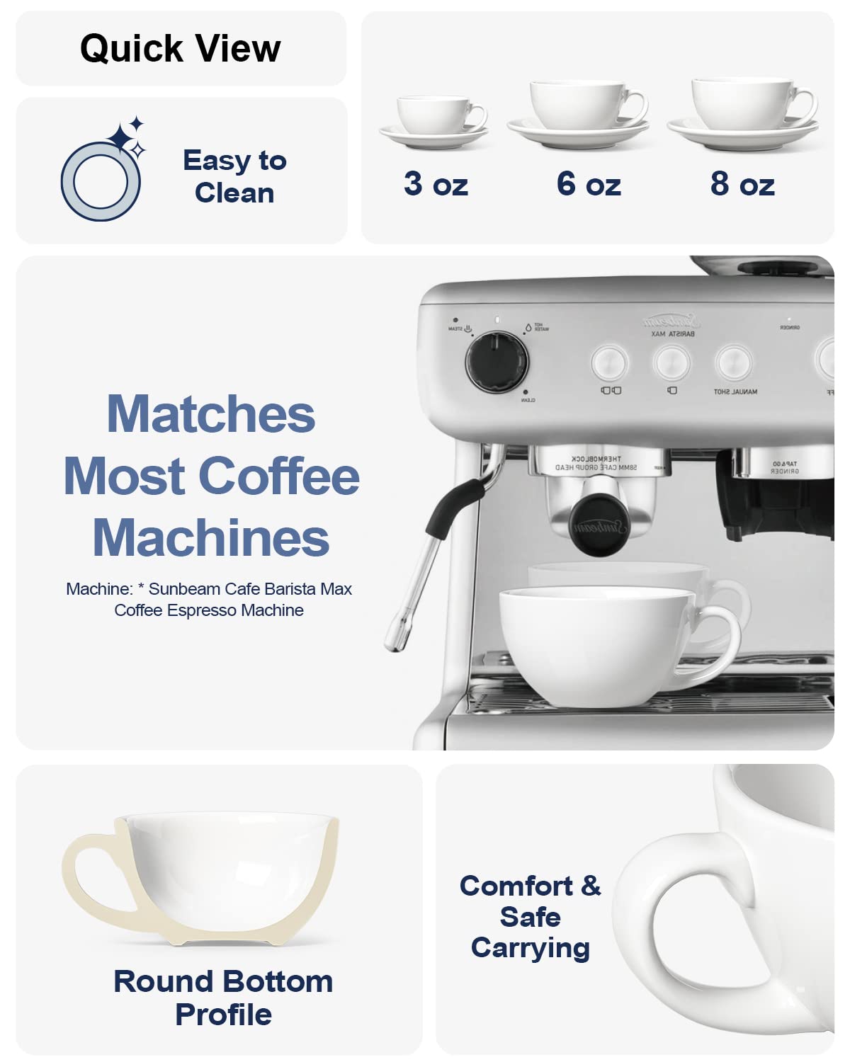LE TAUCI 8 oz Cappuccino Cups with Saucers,Ceramic Large Coffee Cup for Au Lait, Double shot, Latte, Cafe Mocha, Tea - Set of 4, White