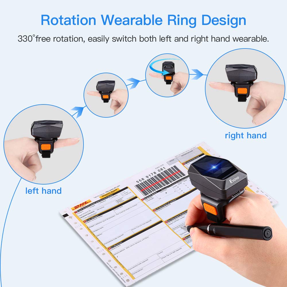 Eyoyo 1D Bluetooth Wearable Ring Barcode Scanner, Portable Bar Code Reader with 2.4GHz Wireless & USB Wired Connection Compatible with iPhone iPad Android iOS, for Book, Warehouse Inventory, Express